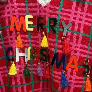 Merry Christmas Holiday Ugly Sweater with Tassels/Bells sz L